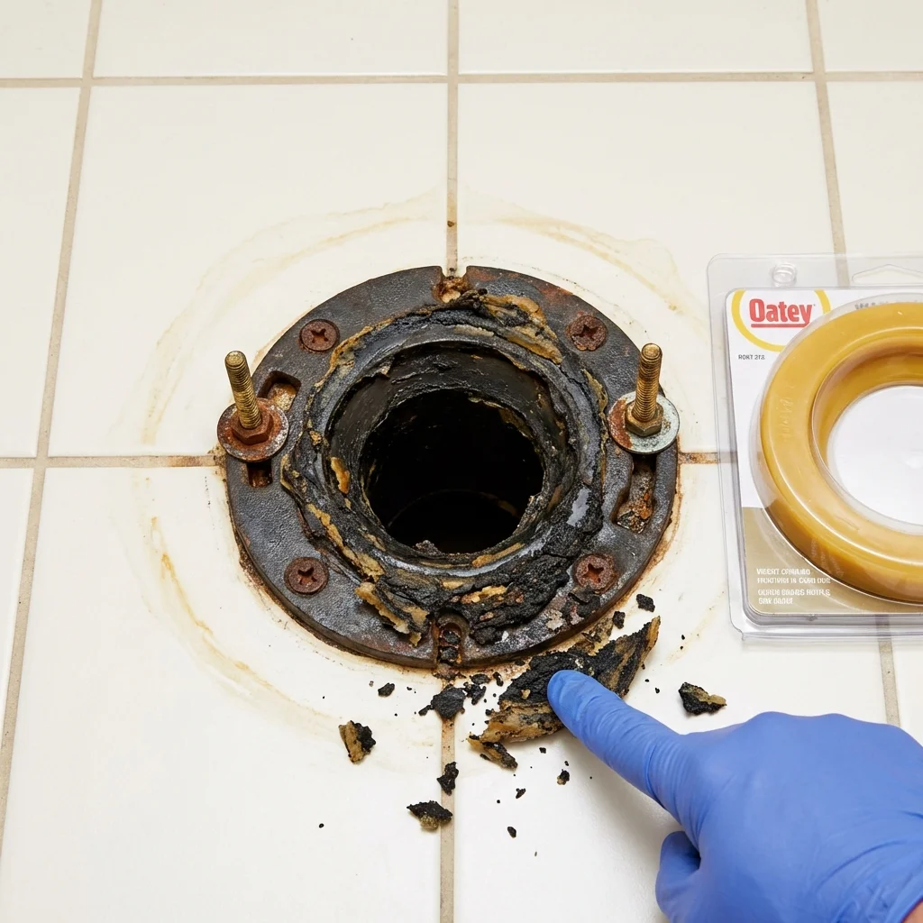 Failed wax ring showing water seepage at the base of a toilet in a Columbia, IL home