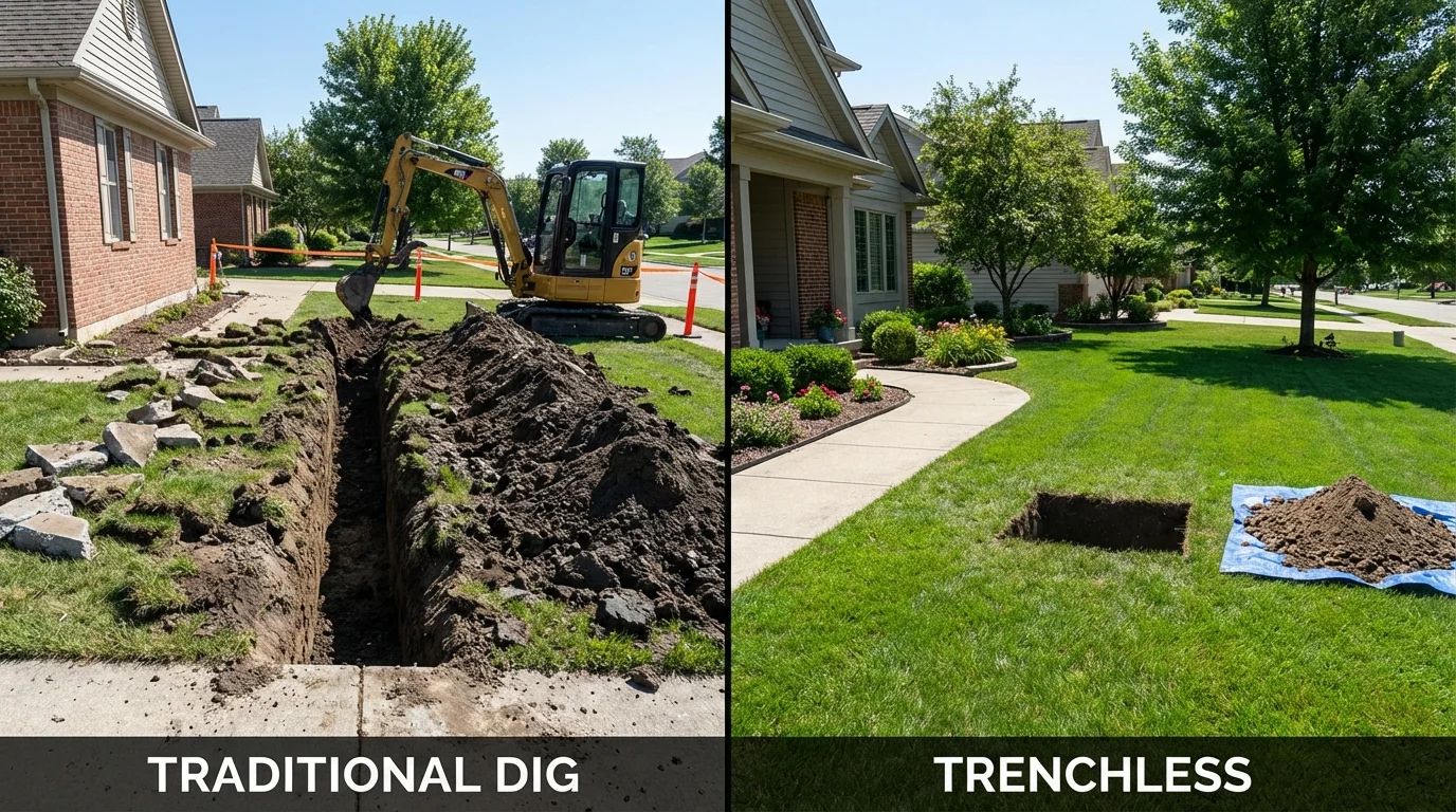 Trenchless sewer repair with minimal yard damage versus traditional excavation in Columbia, IL
